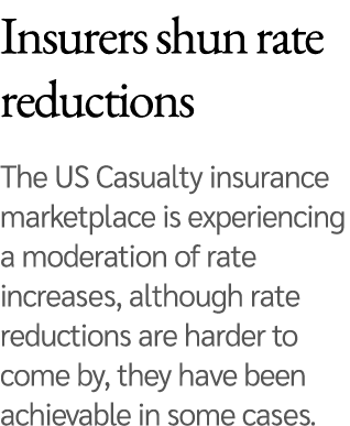 Insurers shun rate reductions The US Casualty insurance marketplace is experiencing a moderation of rate increases, a   