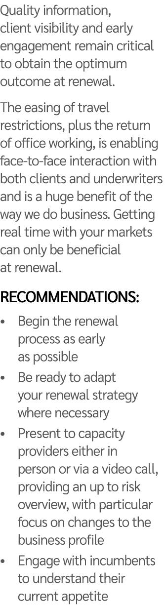 Quality information, client visibility and early engagement remain critical to obtain the optimum outcome at renewal    