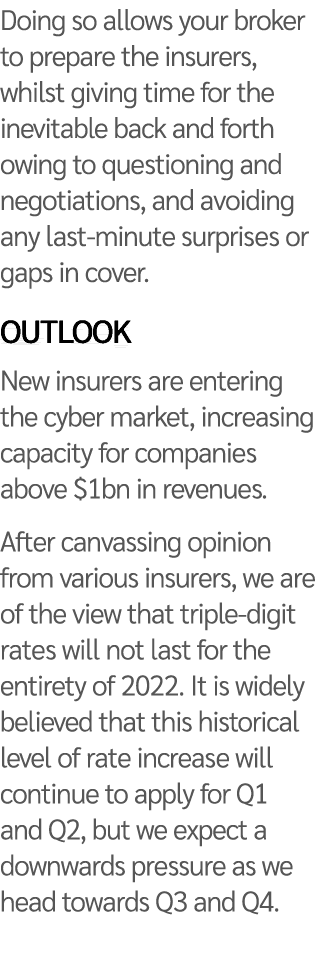 Doing so allows your broker to prepare the insurers, whilst giving time for the inevitable back and forth owing to qu   
