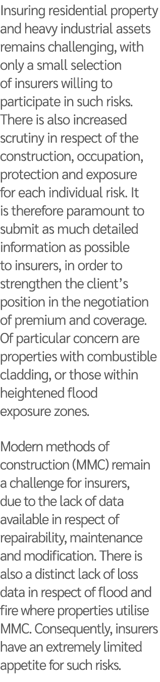 Insuring residential property and heavy industrial assets remains challenging, with only a small selection of insurer   