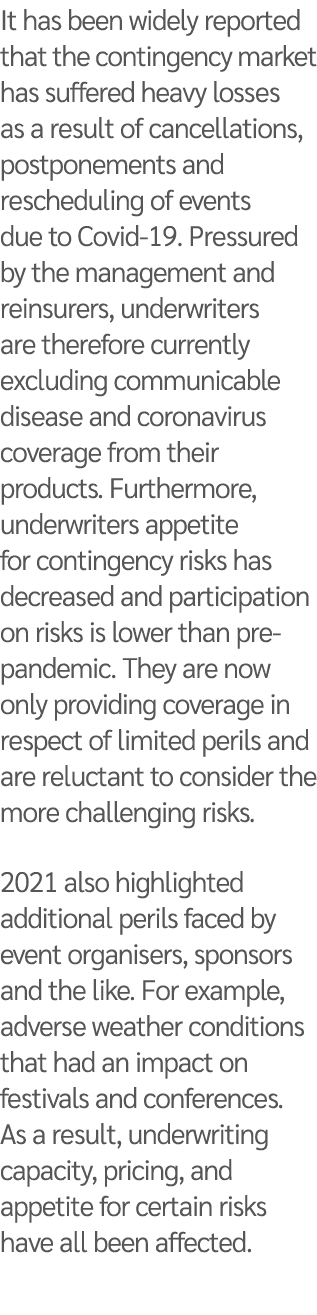 It has been widely reported that the contingency market has suffered heavy losses as a result of cancellations, postp   